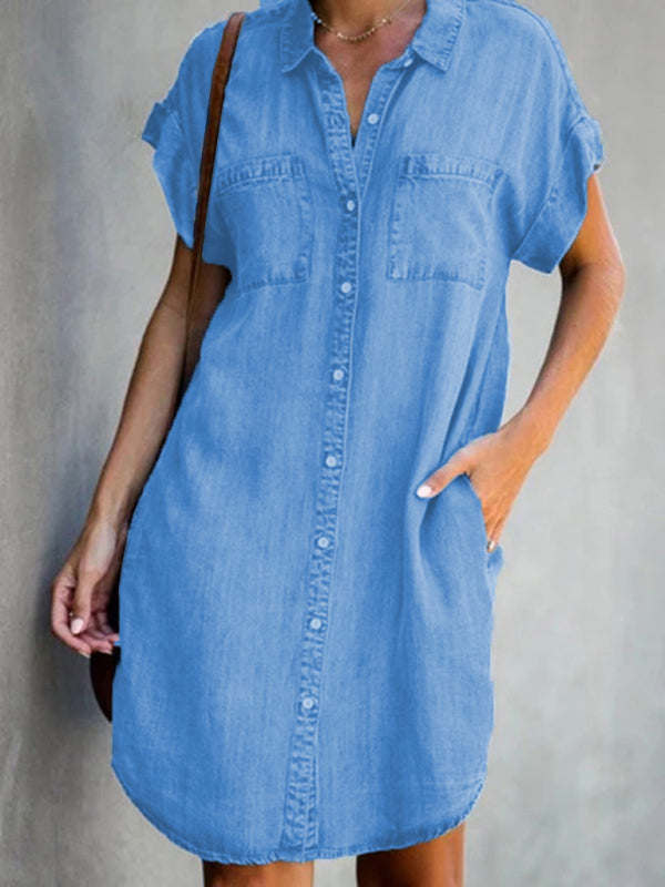 Casual Short-sleeve blue slim-fit denim midi dress - Fashionpara