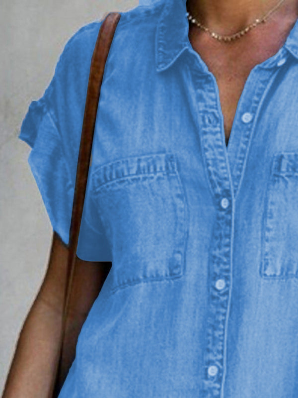 Casual Short-sleeve blue slim-fit denim midi dress - Fashionpara