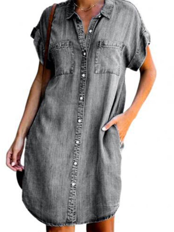 Casual Short-sleeve blue slim-fit denim midi dress - Fashionpara
