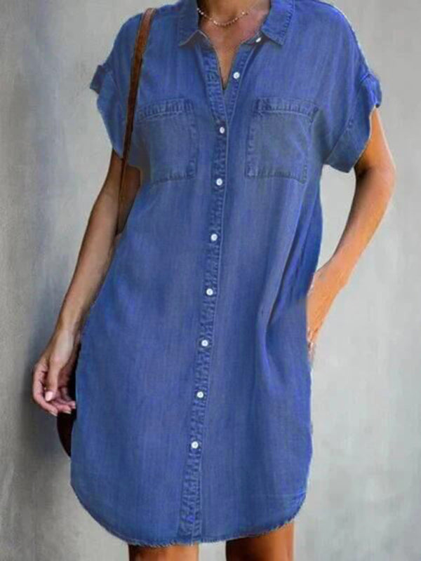 Casual Short-sleeve blue slim-fit denim midi dress - Fashionpara