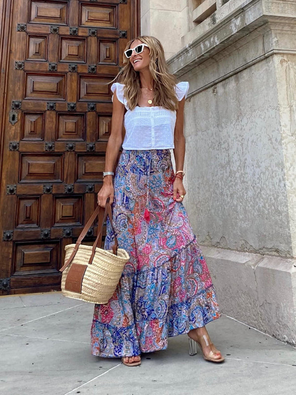 Street temperament women's printed long skirt ruffled skirt skirt - Fashionpara