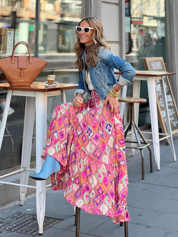 Street temperament women's printed long skirt ruffled skirt skirt - Fashionpara