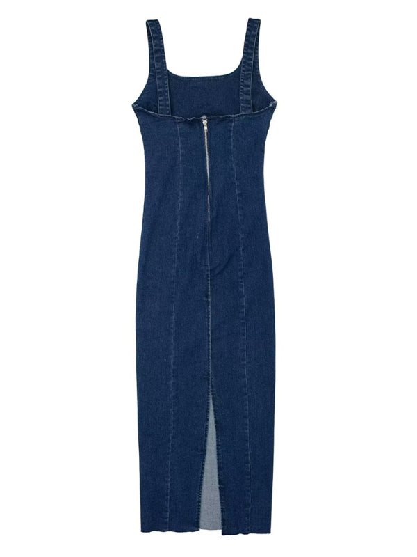 Women's elegant suspender denim long dress - Fashionpara