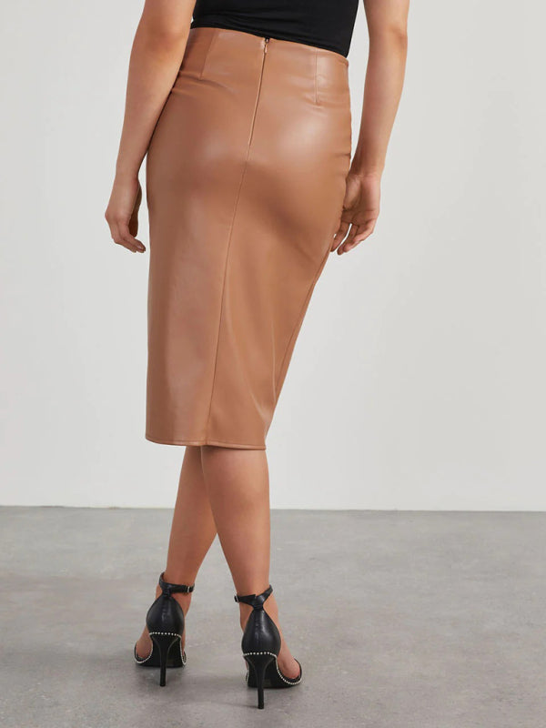 New solid color slit mid-length sexy hot girl butt-covering leather skirt - Fashionpara