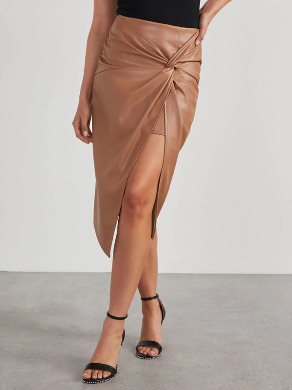 New solid color slit mid-length sexy hot girl butt-covering leather skirt - Fashionpara