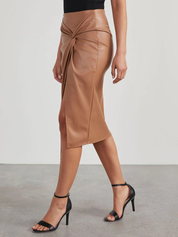 New solid color slit mid-length sexy hot girl butt-covering leather skirt - Fashionpara