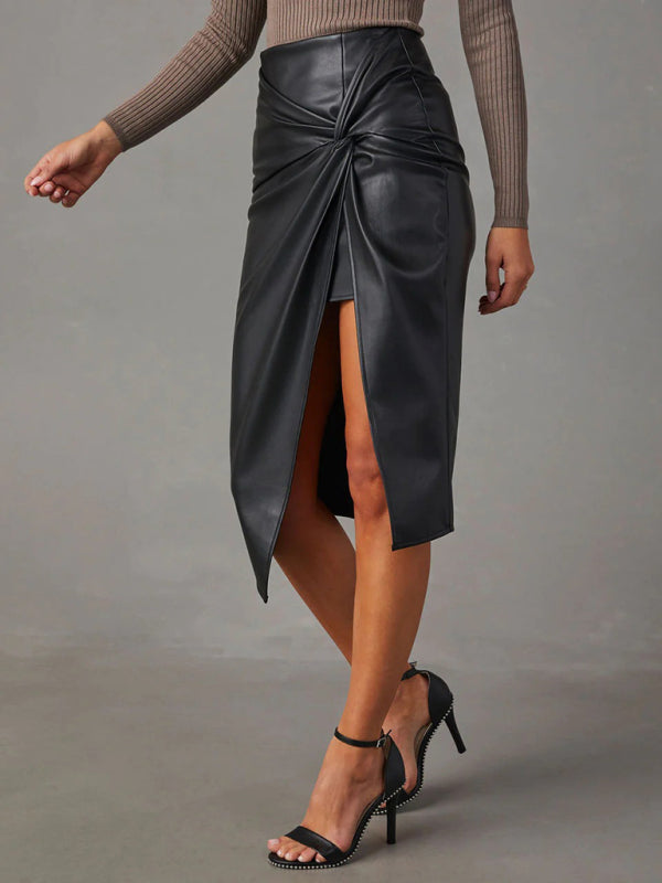 New solid color slit mid-length sexy hot girl butt-covering leather skirt - Fashionpara
