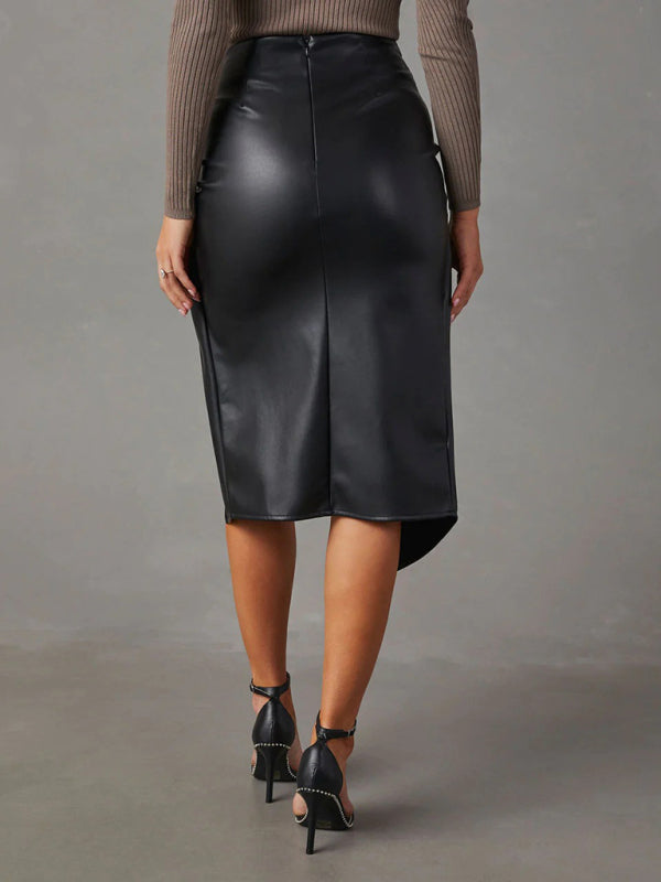 New solid color slit mid-length sexy hot girl butt-covering leather skirt - Fashionpara