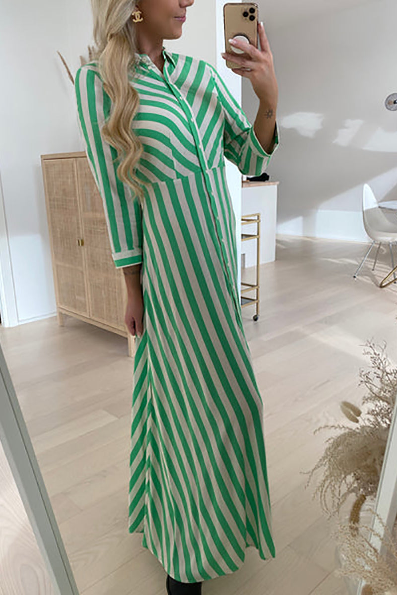 Stripe Long Sleeve Button Maxi Shirt Dress - Fashionpara