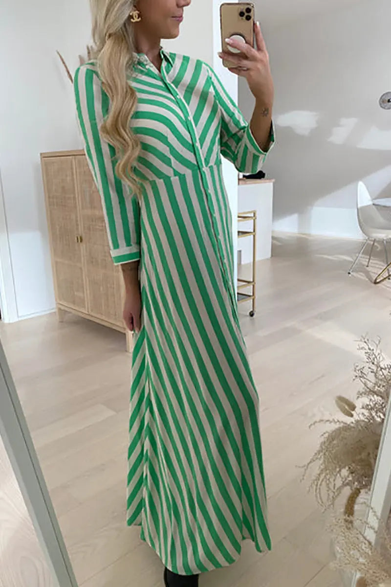 Stripe Long Sleeve Button Maxi Shirt Dress - Fashionpara