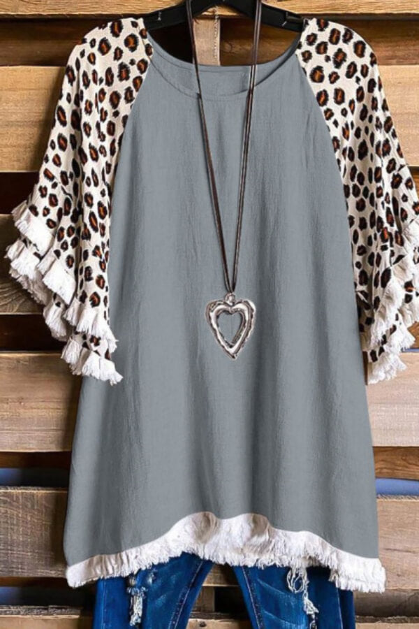 Leopard Print Short Sleeve Striped Patchwork Crew Neck Top - Fashionpara