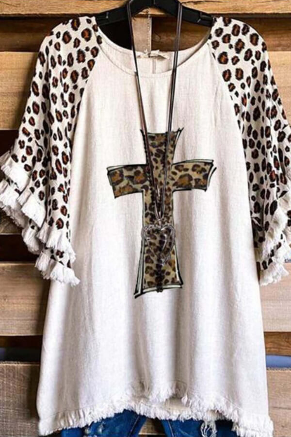 Leopard Print Short Sleeve Striped Patchwork Crew Neck Top - Fashionpara