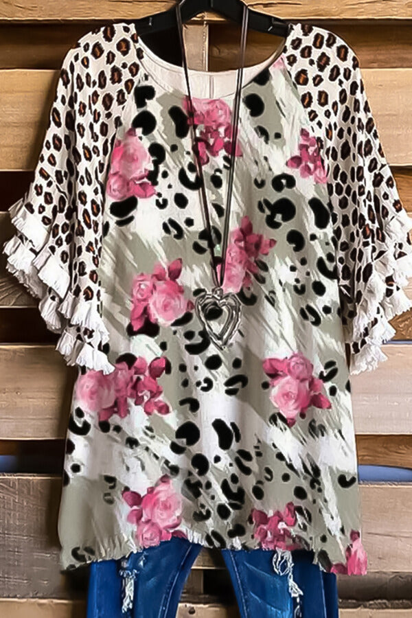 Leopard Print Short Sleeve Striped Patchwork Crew Neck Top - Fashionpara