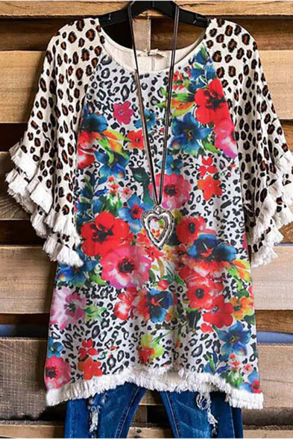 Leopard Print Short Sleeve Striped Patchwork Crew Neck Top - Fashionpara