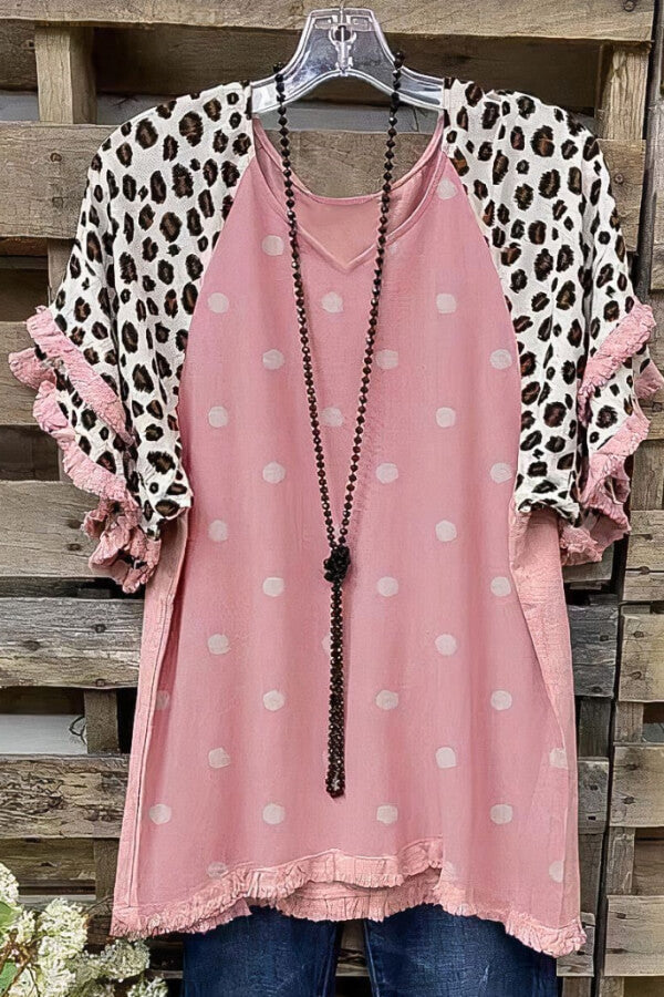 Leopard Print Short Sleeve Striped Patchwork Crew Neck Top - Fashionpara