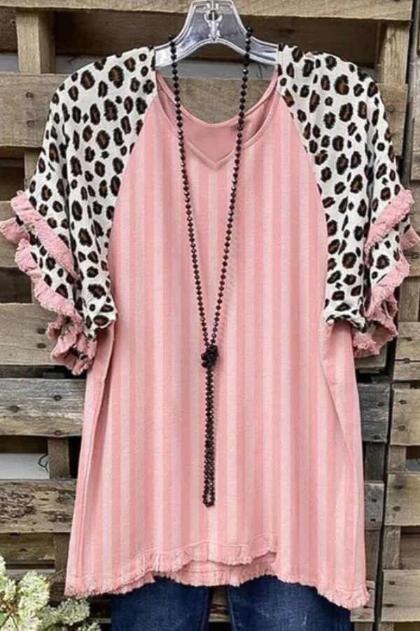 Leopard Print Short Sleeve Striped Patchwork Crew Neck Top - Fashionpara