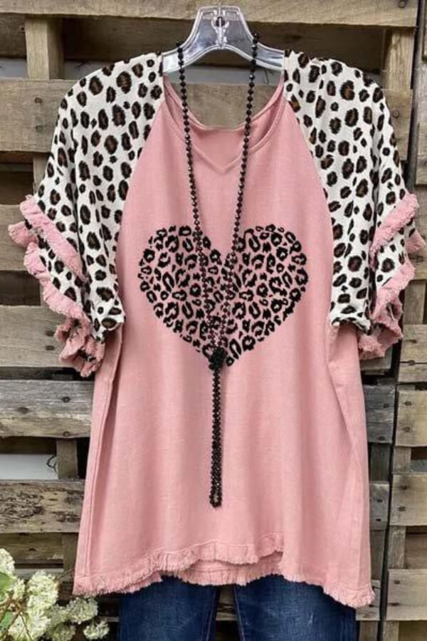 Leopard Print Short Sleeve Striped Patchwork Crew Neck Top - Fashionpara