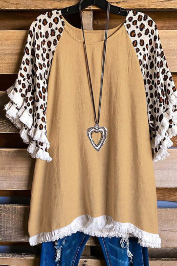 Leopard Print Short Sleeve Striped Patchwork Crew Neck Top - Fashionpara