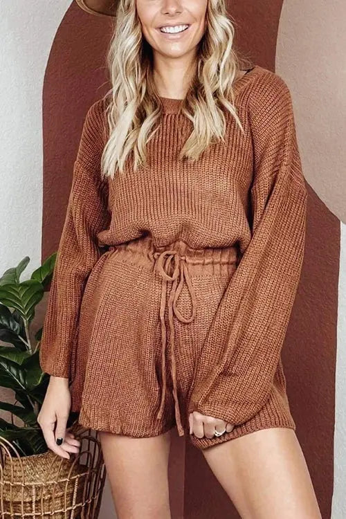 O Neck Puff Long Drawstring Sweater Romper - Fashionpara