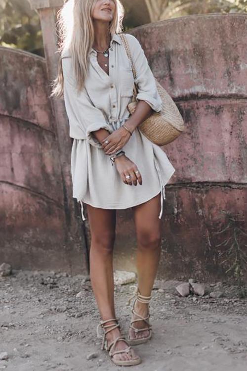 Button Pockets Drawstring Waist Dress - Fashionpara