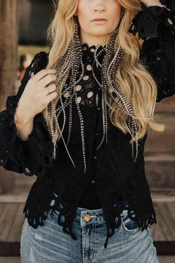 Hollow Lace Button Up Top - Fashionpara