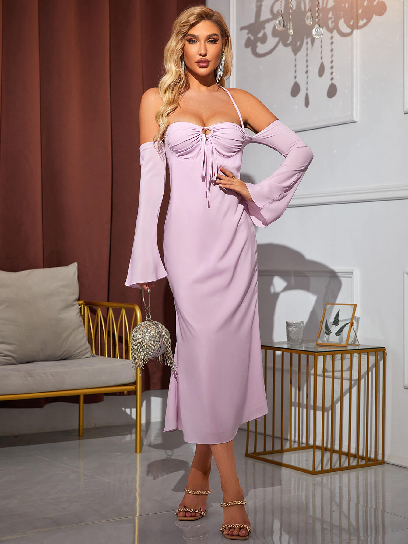 Off Shoulder Halter Chiffon Dress - Fashionpara