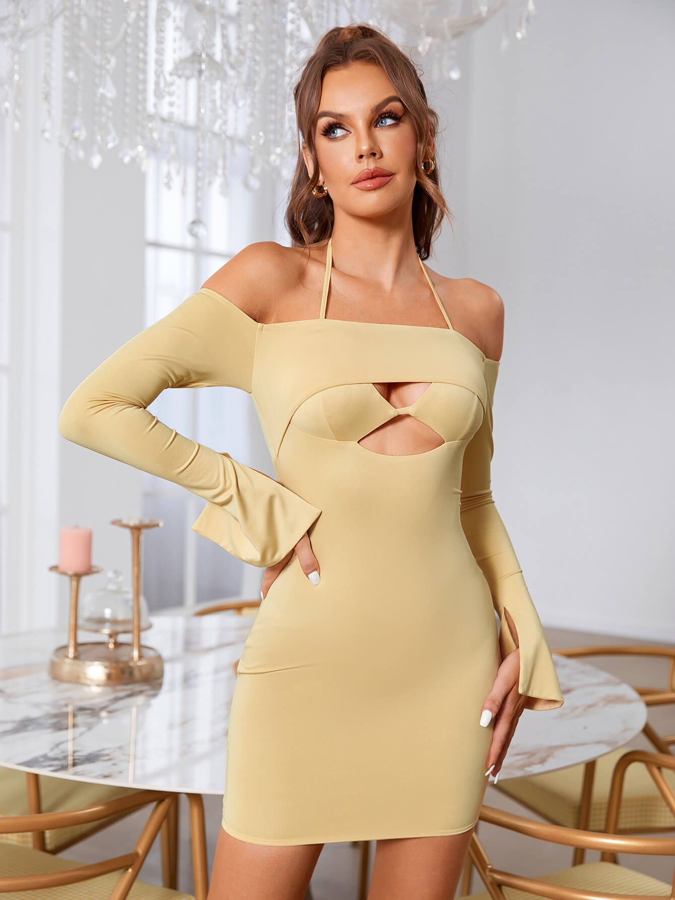 Off Shoulder Halter Cut Out Bodycon Dress - Fashionpara