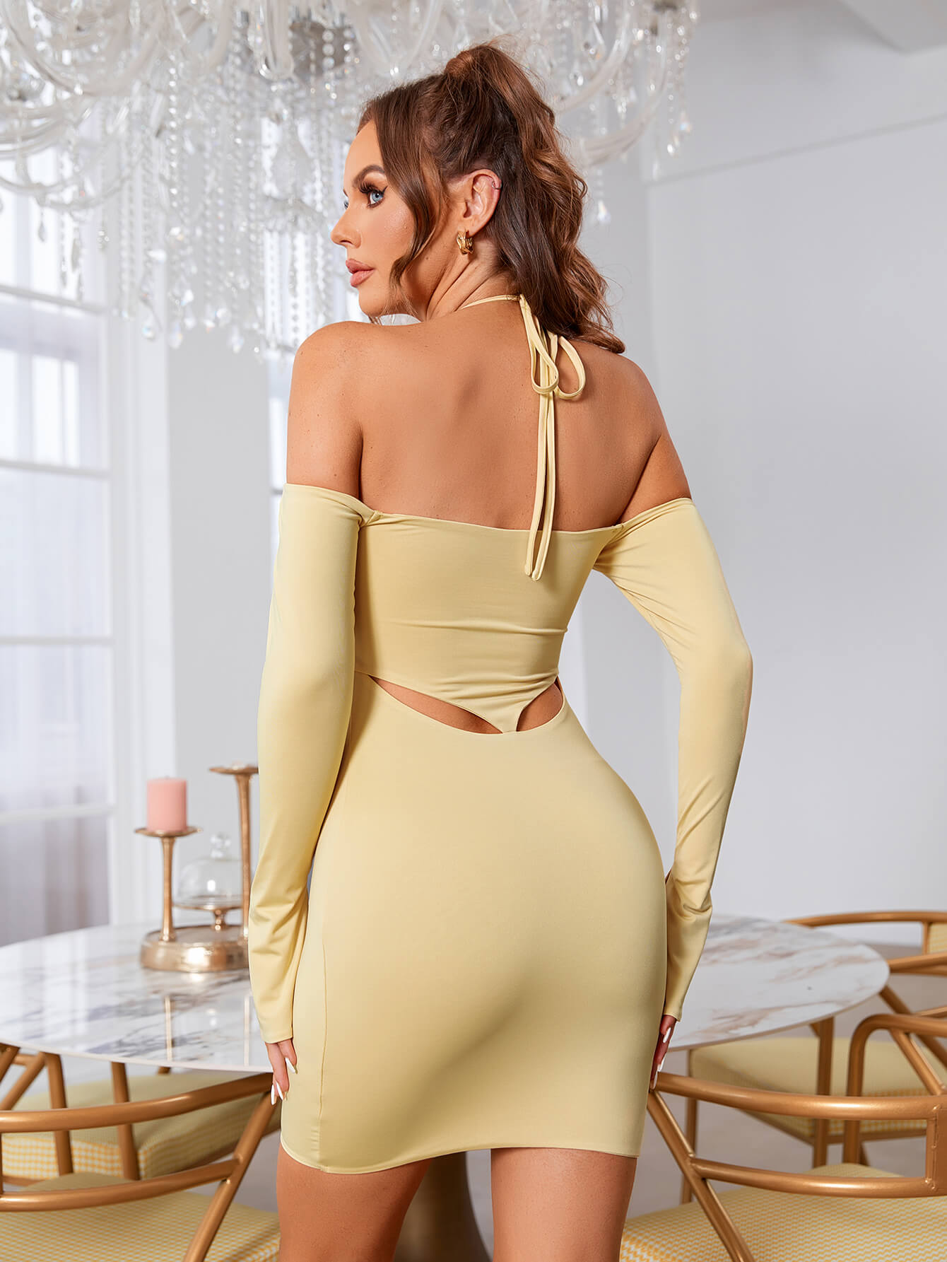 Off Shoulder Halter Cut Out Bodycon Dress - Fashionpara