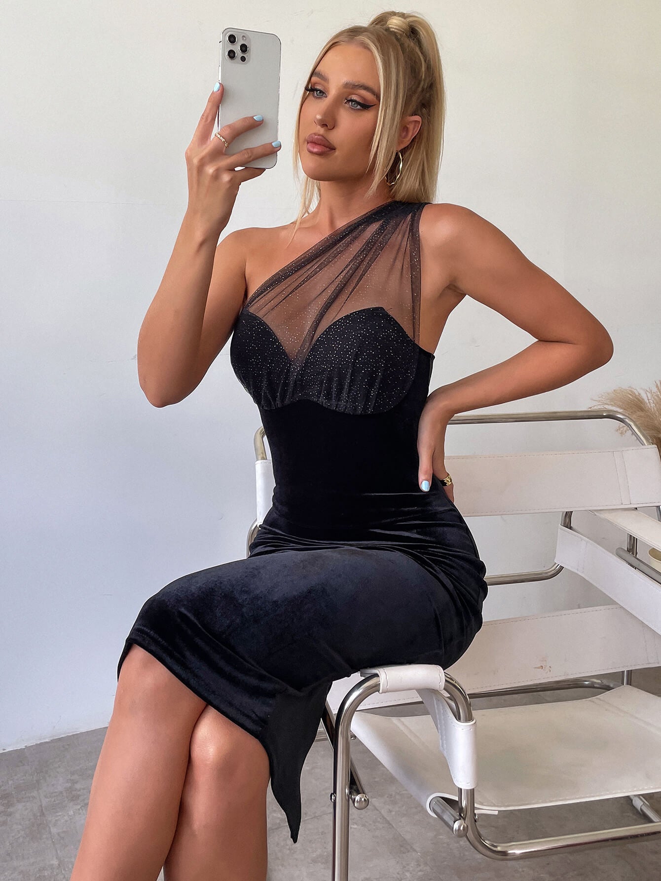 One Shoulder Split Hem Velvet Dress - Fashionpara