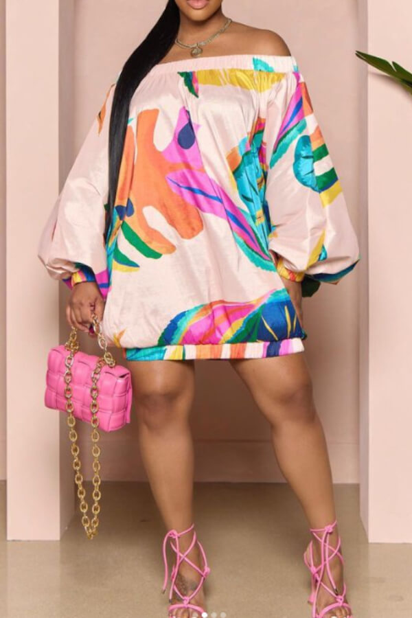 One-shoulder lantern sleeve printed bread dress - Fashionpara