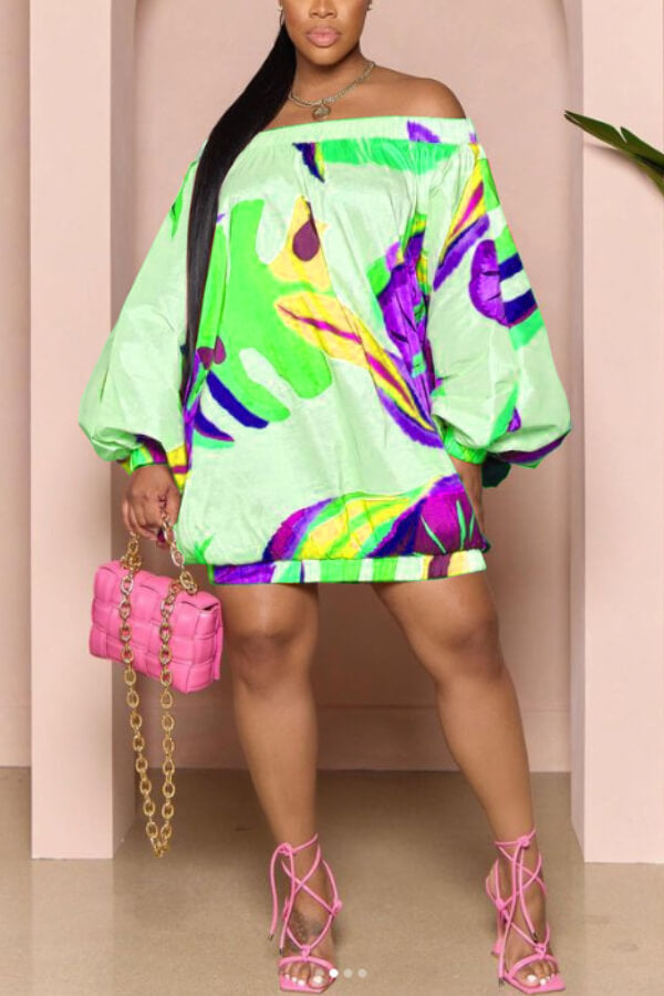 One-shoulder lantern sleeve printed bread dress - Fashionpara