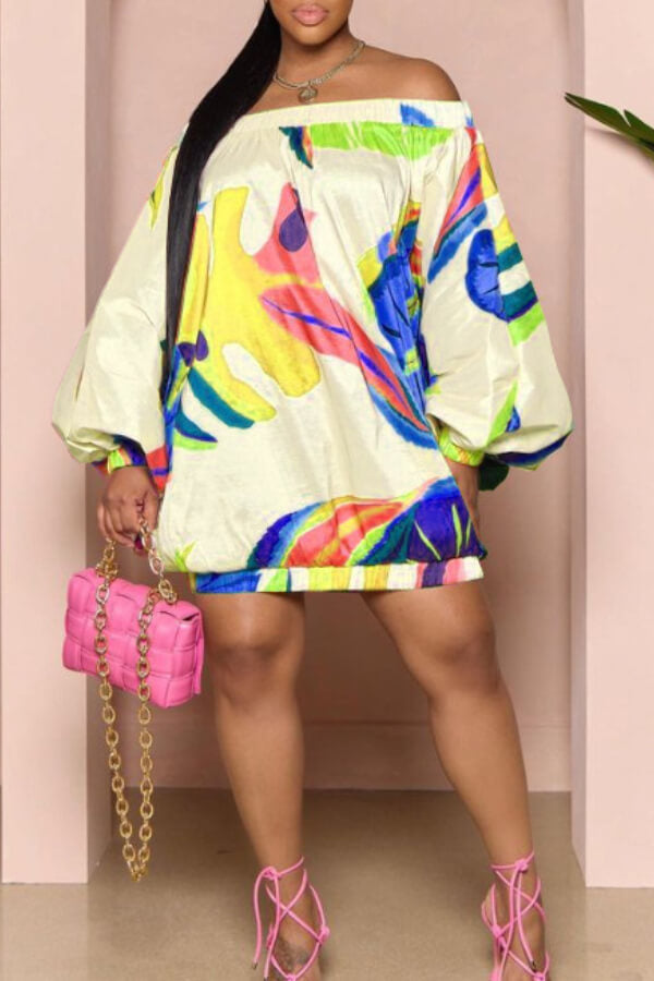 One-shoulder lantern sleeve printed bread dress - Fashionpara