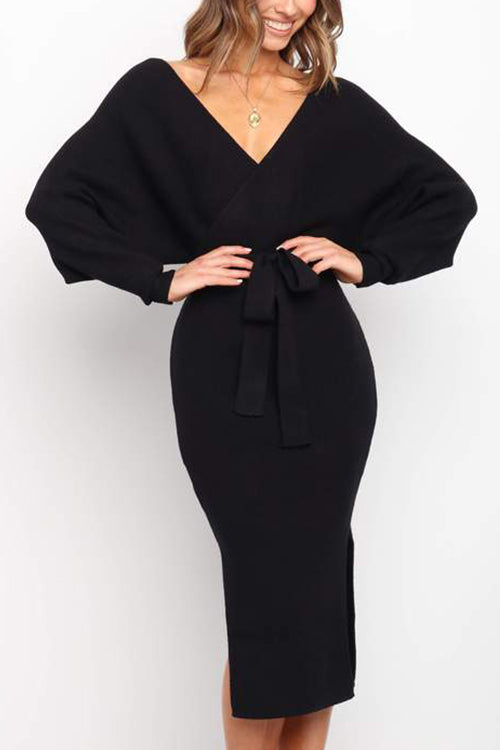 Surplice Wrap Side Slit Sweater Dress - Fashionpara