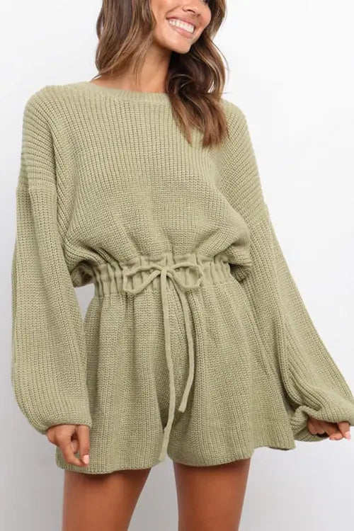 O Neck Puff Long Drawstring Sweater Romper - Fashionpara