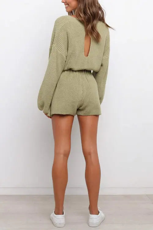 O Neck Puff Long Drawstring Sweater Romper - Fashionpara