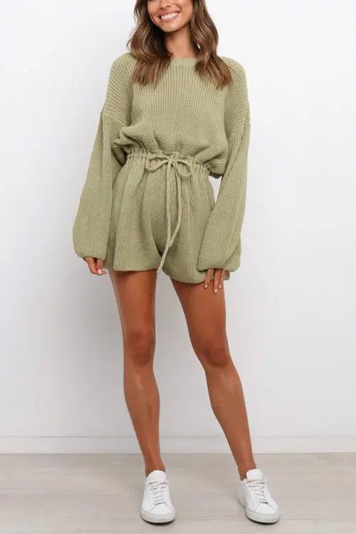 O Neck Puff Long Drawstring Sweater Romper - Fashionpara