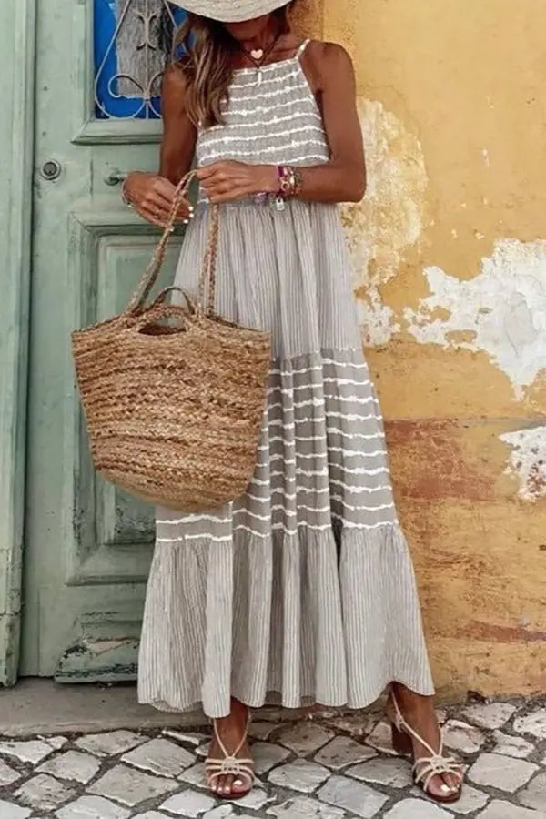 Stripe Patchwork Halter Neck Maxi Dress - Fashionpara