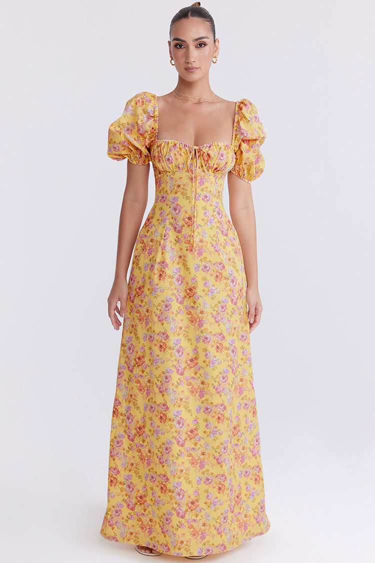 Pretty Tie Neck Puff Sleeve Floral Print Puff Sleeve Summer Maxi Sundress - Yellow - Fashionpara