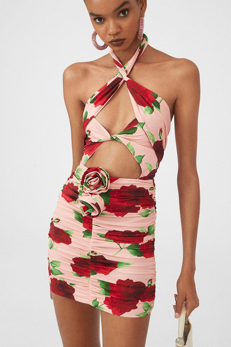 Romantic 3D Rosette Twist Cutout Halter Neck Ruched Party Mini Dress - Pink - Fashionpara
