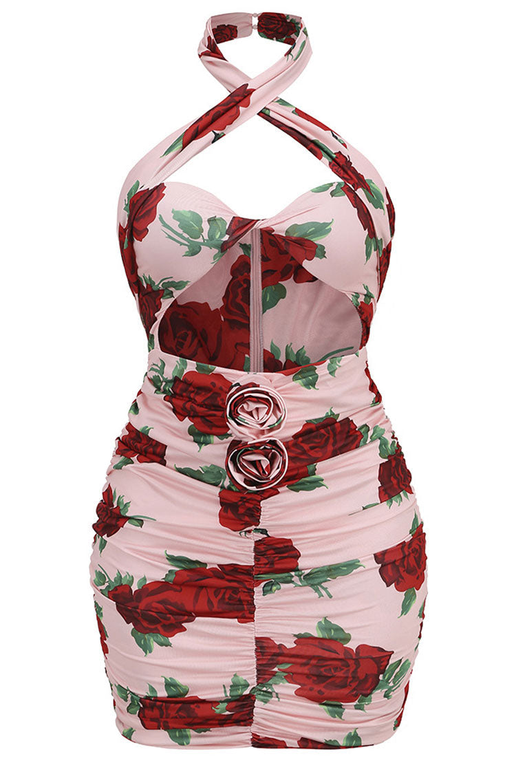 Romantic 3D Rosette Twist Cutout Halter Neck Ruched Party Mini Dress - Pink - Fashionpara