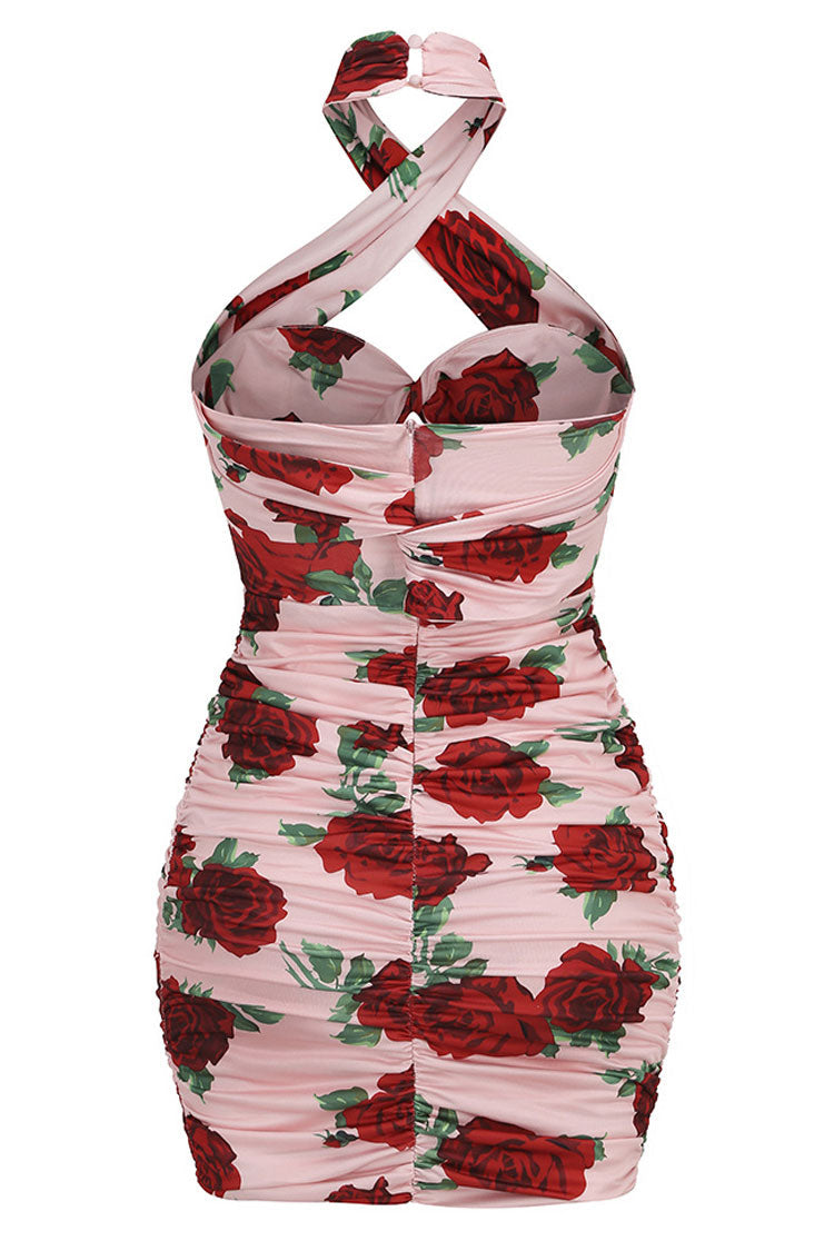Romantic 3D Rosette Twist Cutout Halter Neck Ruched Party Mini Dress - Pink - Fashionpara