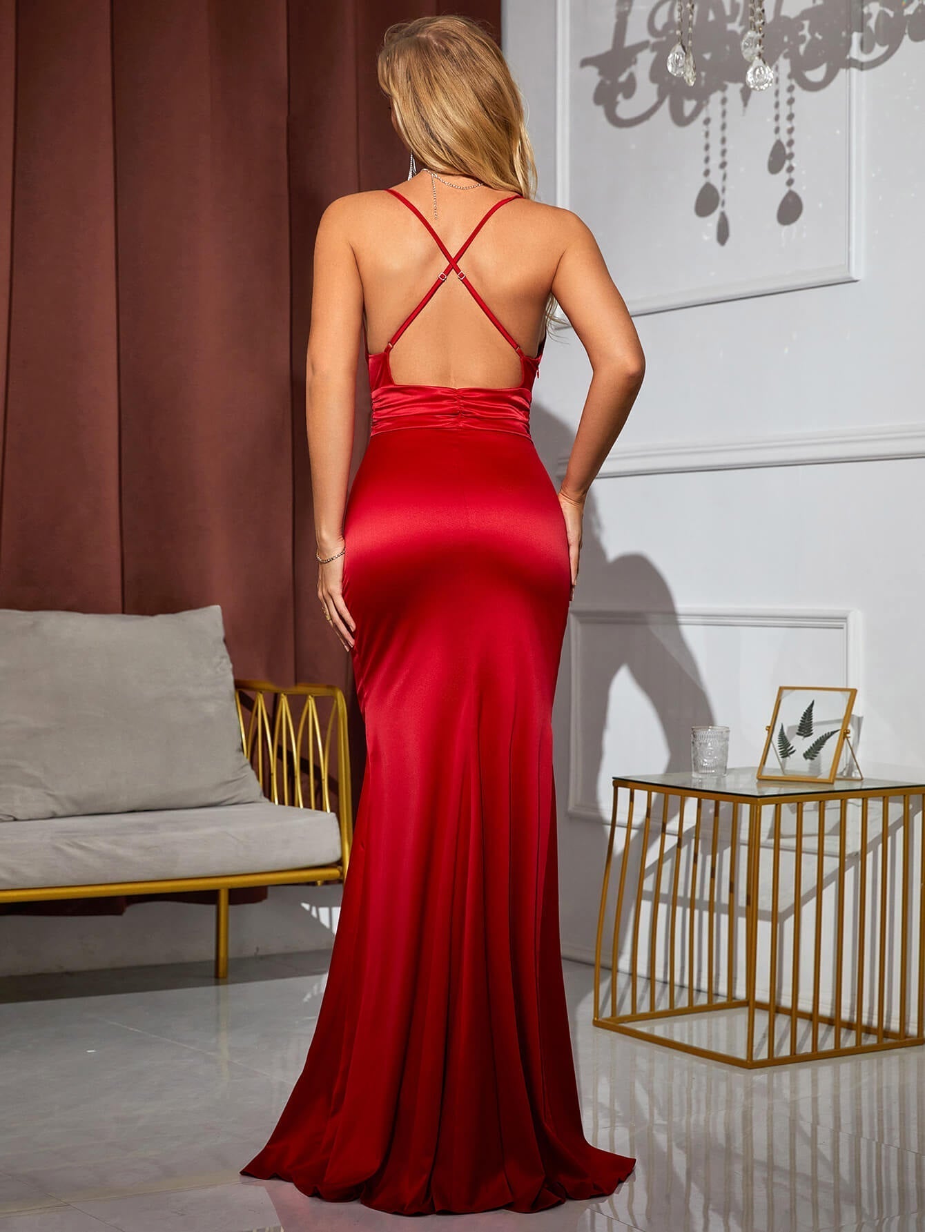 Ruched V Neck Backless Split Thigh Satin Dress - Fashionpara
