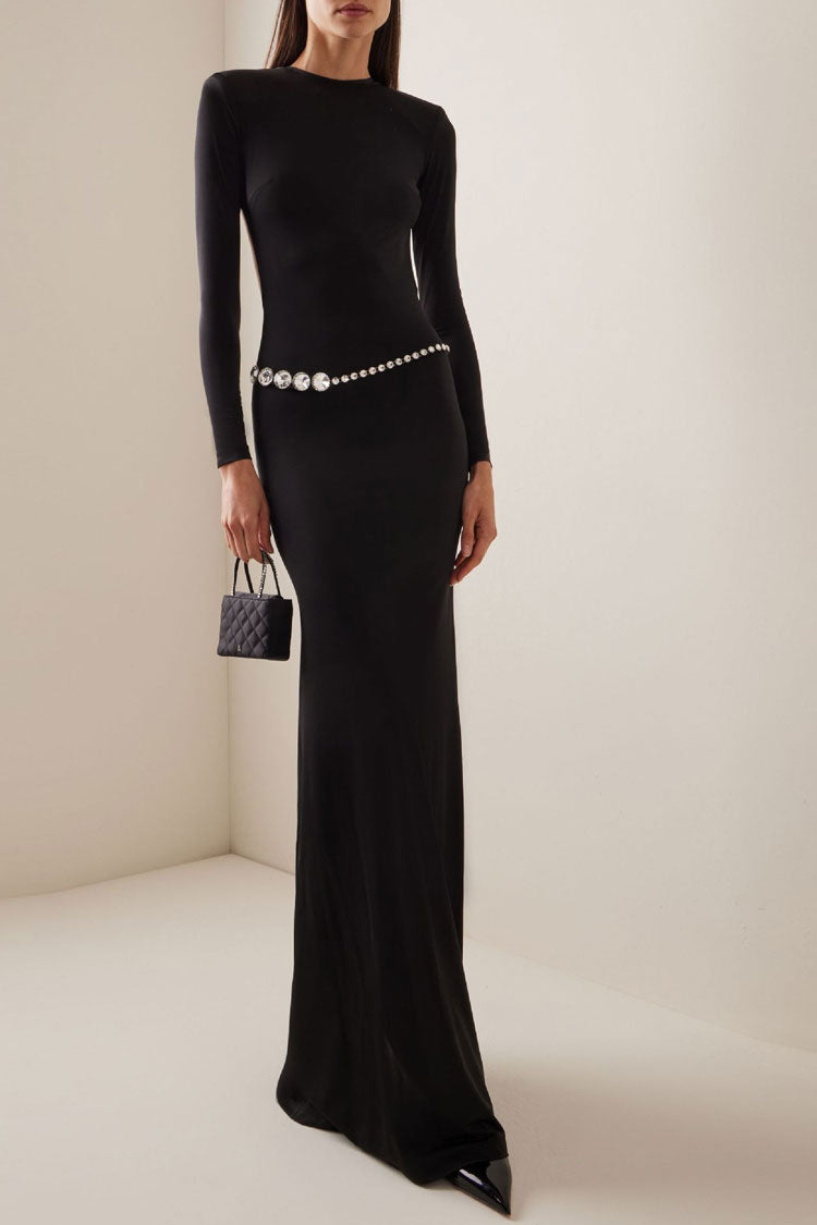 Sexy Backless Crew Neck Long Sleeve Crystal Belt Evening Maxi Dress - Black - Fashionpara