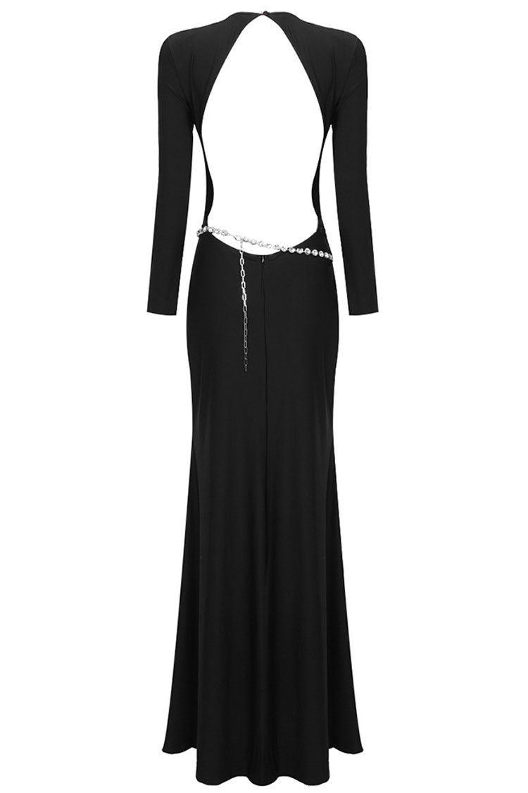 Sexy Backless Crew Neck Long Sleeve Crystal Belt Evening Maxi Dress - Black - Fashionpara