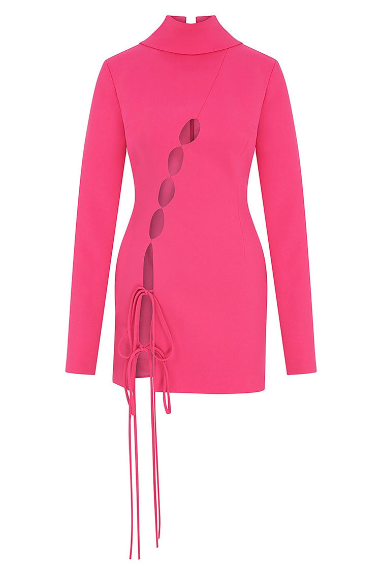 Sexy Cutout Bow Tie High Neck Long Sleeve Bandage Mini Dress - Hot Pink - Fashionpara
