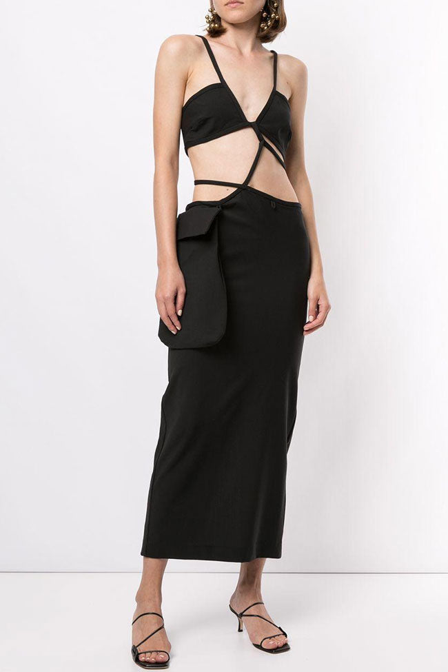 Sexy Deep V Spaghetti Strap Cutout Club Maxi Dress - Black - Fashionpara
