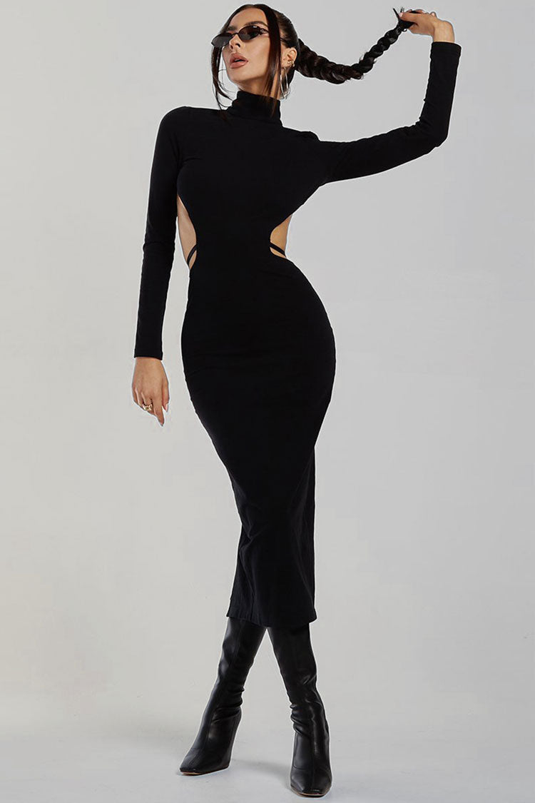 Sexy High Neck Long Sleeve High Slit Backless Midi Dress - Black - Fashionpara