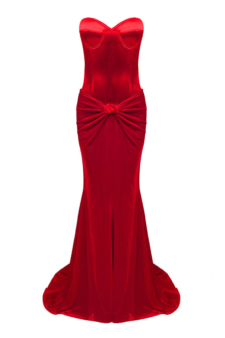 Sexy Sweetheart Satin Top Bowknot High Waist Fishtail Two Piece Maxi Dress - Red - Fashionpara