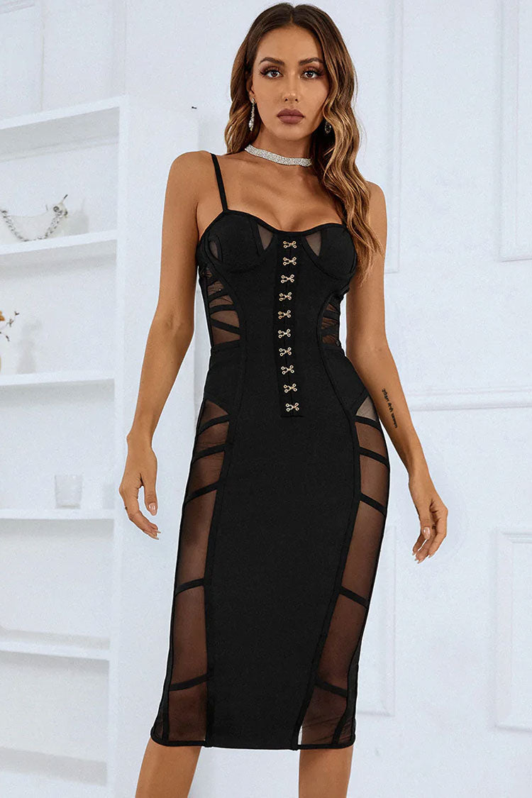 Sexy Sweetheart Spaghetti Strap Mesh Panel Bandage Cocktail Midi Dress - Black - Fashionpara
