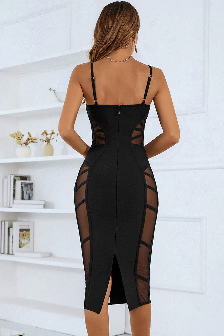 Sexy Sweetheart Spaghetti Strap Mesh Panel Bandage Cocktail Midi Dress - Black - Fashionpara